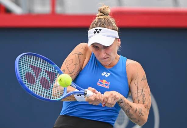 July 27, 2025, Montreal, Pq, Canada: Marketa Vondrousova, of the Czech Republic, plays a shot to Alexandra Eala, of the Philippines, during their first round match at the National Bank Open tennis tournament in Montreal, Sunday, July 27, 2025. Marketa Vondrousova, Alexandra Eala, - ZUMAc35_ 20250727_zaf_c35_013 Copyright: xGrahamxHughesx