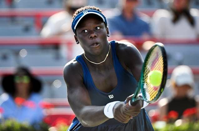 July 27, 2025, Montreal, Pq, Canada: Victoria Mboko, of Canada, plays a shot to Kimberly Birrell, of Australia, during their first round match at the National Bank Open tennis tournament in Montreal, Sunday, July 27, 2025. Victoria Mboko, Kimberly Birrell, - ZUMAc35_ 20250727_zaf_c35_031 Copyright: xGrahamxHughesx
