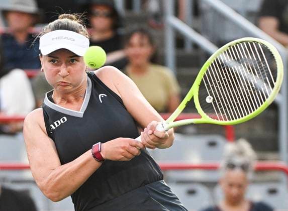 July 27, 2025, Montreal, Pq, Canada: Barbora Krejcikova, of the Czech Republic, plays a shot to Bianca Andreescu, of Canada, during their first round match at the National Bank Open tennis tournament in Montreal, Sunday, July 27, 2025. Barbora Krejcikova, Bianca Andreescu, - ZUMAc35_ 20250727_zaf_c35_036 Copyright: xGrahamxHughesx