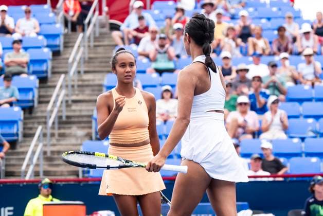 July 30, 2025, Montreal, Pq, CANADA: Leylah Fernandez and Bianca Fernandez, of Canada, celebrate during a doubles tennis match against Sara Errani and Jasmine Paolini, of Italy, at the National Bank Open tennis tournament in Montreal on Wednesday, July 30, 2025. Canada News - July 30, 2025 - ZUMAc35_ 20250730_zaf_c35_089 Copyright: xChristopherxKatsarovx