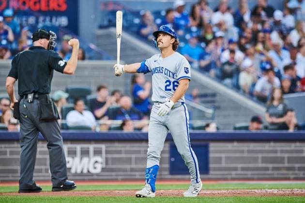 August 1, 2025, Toronto, On, Canada: Kansas City Royals outfielder Adam Frazier (26) reacts after striking out against the Toronto Blue Jays during fourth inning MLB, Baseball Herren, USA baseball action in Toronto, Friday, Aug. 1, 2025. Canada News - August 1, 2025 - ZUMAc35_ 20250801_zaf_c35_210 Copyright: xSammyxKoganx