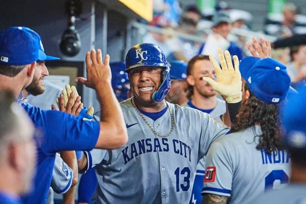August 1, 2025, Toronto, On, Canada: Kansas City Royals catcher Salvador Perez (13) celebrates in the dugout after hitting a home run against the Toronto Blue Jays during ninth inning MLB, Baseball Herren, USA baseball action in Toronto, Friday, Aug. 1, 2025. Canada News - August 1, 2025 - ZUMAc35_ 20250801_zaf_c35_223 Copyright: xSammyxKoganx