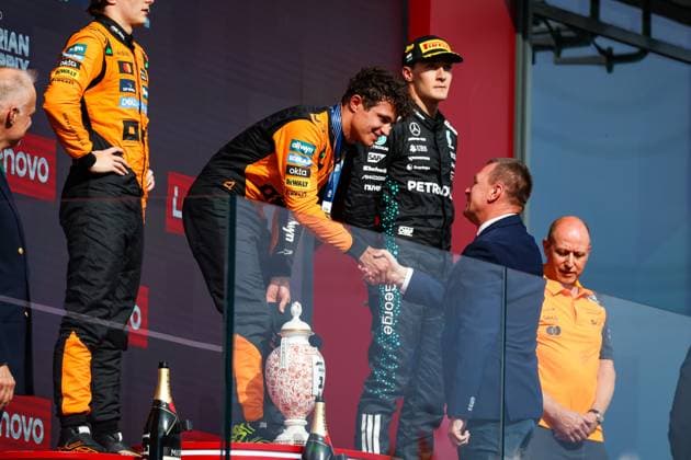 F1 - HUNGARIAN GRAND PRIX 2025 Podium: NORRIS Lando (gbr), McLaren F1 Team MCL39, PIASTRI Oscar (aus), McLaren F1 Team MCL39, RUSSELL George (gbr), Mercedes AMG F1 Team W16, portrait, during the 2025 Formula 1 Lenovo Hungarian Grand Prix, 14th round of the 2025 FIA Formula One World Championship, WM, Weltmeisterschaft from August 1 to 3, 2025 on the Hungaroring, in Mogyorod, Hungary - MogyorodHungary Copyright: xFLORENTxGOODENx