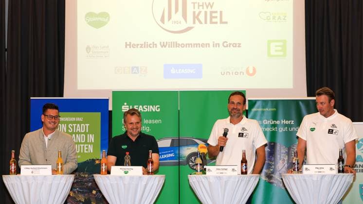HANDBALL - HBL, Kiel, training camp GRAZ,AUSTRIA,05.AUG.25 - HANDBALL - HBL Handball-Bundesliga, THW Kiel, press conference, PK, Pressekonferenz Image shows member of state parliament Gerhard Hirschmann (Styria), managing director Michael Feiertag (Styria), managing director Viktor Szilagyi and head coach Filip Jicha (Kiel). GEPAxpictures xMarioxBuehner-Weinrauch