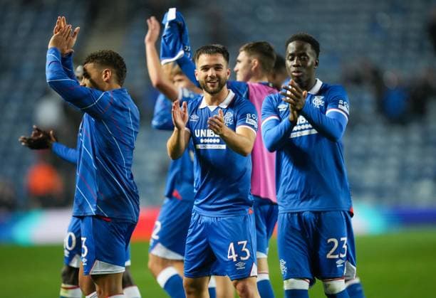 Max Aarons, Nicolas Raskin & Djeidi Gassama of Rangers applaud the fans as they walk round the pitch at full-time. Final score Rangers 3 Viktoria Plzen 0. Rangers v Viktoria Plzen, UEFA Champions League, 3rd Qualifying Round, First Leg, Football, Ibrox Stadium, Glasgow, Scotland, UK - 05 Aug 2025Glasgow Ibrox Stadium Scotland United Kingdom EDITORIAL USE ONLY No use with unauthorised audio, video, data, fixture lists, club league logos or live services. Online in-match use limited to 120 images, no video emulation. No use in betting, games or single club league player publications. Copyright: xStuartxWallace Shutterstockx 15428174bw