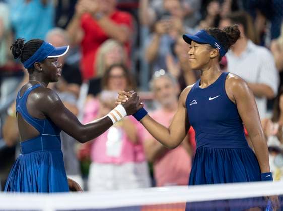 August 7, 2025, Montreal, Pq, Canada: Victoria Mboko of Canada, left, is congratulated on her win by Naomi Osaka of Japan during finals tennis action at the National Bank Open in Montreal, Thursday, Aug. 7, 2025. Canada News - August 7, 2025 - ZUMAc35_ 20250807_zaf_c35_175 Copyright: xChristinnexMuschix