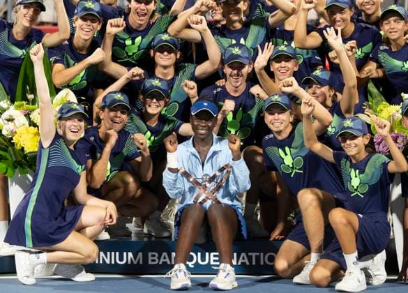 August 7, 2025, Montreal, Pq, Canada: Victoria Mboko of Canada, centre, poses with the ball crew following her group over Naomi Osaka of Japan during finals tennis action at the National Bank Open in Montreal, Thursday, Aug. 7, 2025. Canada News - August 7, 2025 - ZUMAc35_ 20250807_zaf_c35_211 Copyright: xChristinnexMuschix