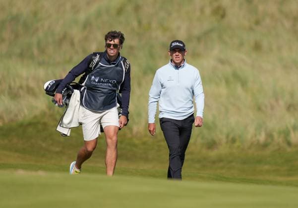 Grant Forrest (SCO) walks up the 18th fairway with his caddie Shane O Connell. Nexo Championship, Day Four, Golf, Trump International Golf Links, Aberdeenshire, Scotland, UK - 10 Aug 2025Aberdeenshire Trump International Golf Links Scotland United Kingdom EDITORIAL USE ONLY No use with unauthorised audio, video, data, fixture lists, club league logos or live services. Online in-match use limited to 120 images, no video emulation. No use in betting, games or single club league player publications. Copyright: xStuartxWallace Shutterstockx 15429702l
