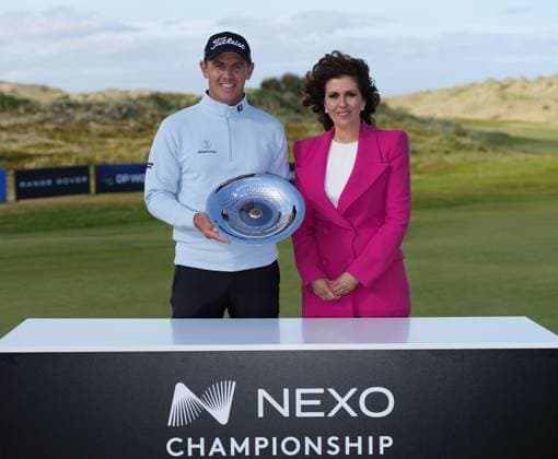 Grant Forrest (SCO) poses with Sarah Malone, Executive Vice-Pesident of Trump International after winning the NEXO Championship at Trump International Golf Links Scotland. Nexo Championship, Day Four, Golf, Trump International Golf Links, Aberdeenshire, Scotland, UK - 10 Aug 2025Aberdeenshire Trump International Golf Links Scotland United Kingdom EDITORIAL USE ONLY No use with unauthorised audio, video, data, fixture lists, club league logos or live services. Online in-match use limited to 120 images, no video emulation. No use in betting, games or single club league player publications. Copyright: xStuartxWallace Shutterstockx 15429702bd