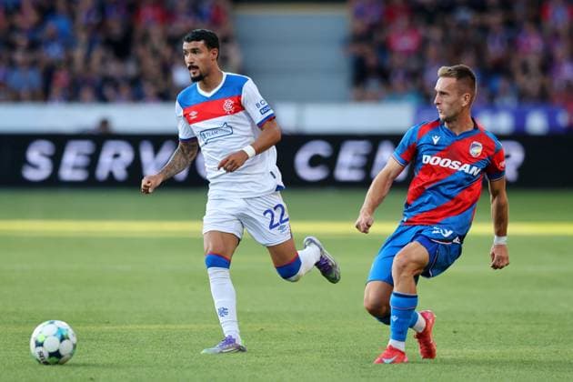 Jefte of Rangers and Amar Memic of FC Viktoria Plzen during the UEFA Champions League Third Round qualifying second leg at the Doosan Arena, Plzen. Viktoria Plzen v Rangers, UEFA Champions League, 3rd Qualifying Round, Second Leg, Football, Doosan Arena, Plzen, Czech Republic, UK - 12 Aug 2025Plzen Doosan Arena Czech Republic EDITORIAL USE ONLY No use with unauthorised audio, video, data, fixture lists, club league logos or live services. Online in-match use limited to 120 images, no video emulation. No use in betting, games or single club league player publications. Copyright: xRangersxFC Shutterstockx 15438242au