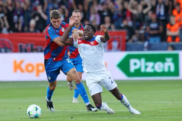 Jan Paluska of FC Viktoria Plzen battles for the ball with Djeidi Gassama of Rangers during the UEFA Champions League Third Round qualifying second leg at the Doosan Arena, Plzen. Viktoria Plzen v Rangers, UEFA Champions League, 3rd Qualifying Round, Second Leg, Football, Doosan Arena, Plzen, Czech Republic, UK - 12 Aug 2025Plzen Doosan Arena Czech Republic EDITORIAL USE ONLY No use with unauthorised audio, video, data, fixture lists, club league logos or live services. Online in-match use limited to 120 images, no video emulation. No use in betting, games or single club league player publications. Copyright: xRangersxFC Shutterstockx 15438242bs