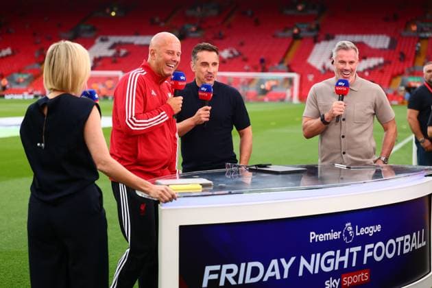 Liverpool manager Arne Slot is interviewed by Gary Neville, Jamie Carragher and Kelly Cates on Sky Sports before the start of the match Liverpool v AFC Bournemouth, Premier League, Football, Anfield, Liverpool, UK - 15 Aug 2025Liverpool Anfield United Kingdom EDITORIAL USE ONLY No use with unauthorised audio, video, data, fixture lists, club league logos or live services. Online in-match use limited to 120 images, no video emulation. No use in betting, games or single club league player publications. Copyright: xPaulxCurrie Shutterstockx 15438038bs