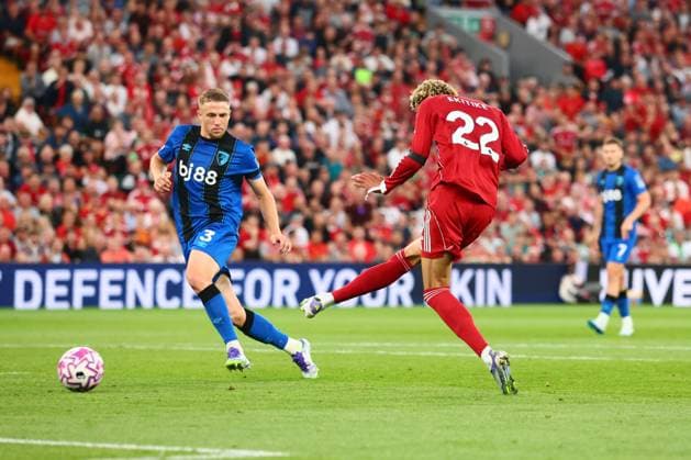 Hugo Ekitike of Liverpool scores to make it 1-0 Liverpool v AFC Bournemouth, Premier League, Football, Anfield, Liverpool, UK - 15 Aug 2025Liverpool Anfield United Kingdom EDITORIAL USE ONLY No use with unauthorised audio, video, data, fixture lists, club league logos or live services. Online in-match use limited to 120 images, no video emulation. No use in betting, games or single club league player publications. Copyright: xPaulxCurrie Shutterstockx 15438038cs
