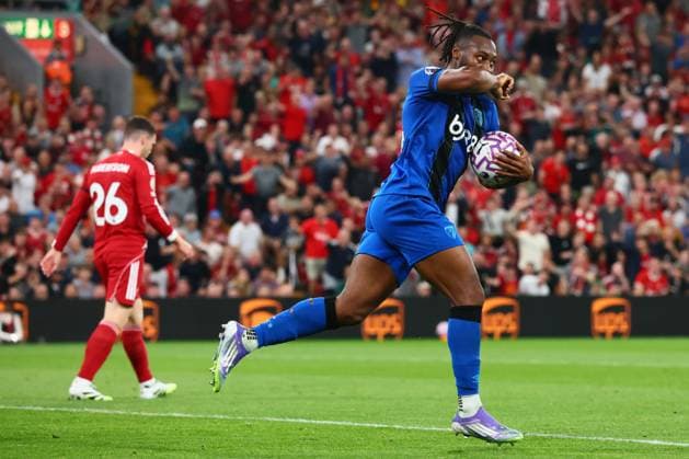 Antoine Semenyo of AFC Bournemouth celebrates scoring to make it 2-1 Liverpool v AFC Bournemouth, Premier League, Football, Anfield, Liverpool, UK - 15 Aug 2025Liverpool Anfield United Kingdom EDITORIAL USE ONLY No use with unauthorised audio, video, data, fixture lists, club league logos or live services. Online in-match use limited to 120 images, no video emulation. No use in betting, games or single club league player publications. Copyright: xPaulxCurrie Shutterstockx 15438038en