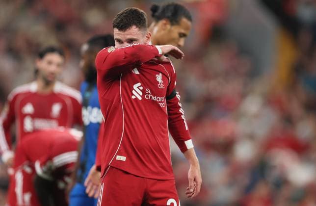 Andrew Robertson of Liverpool looks dejected Liverpool v AFC Bournemouth, Premier League, Football, Anfield, Liverpool, UK - 15 Aug 2025Liverpool Anfield United Kingdom EDITORIAL USE ONLY No use with unauthorised audio, video, data, fixture lists, club league logos or live services. Online in-match use limited to 120 images, no video emulation. No use in betting, games or single club league player publications. Copyright: xPaulxCurrie Shutterstockx 15438038er