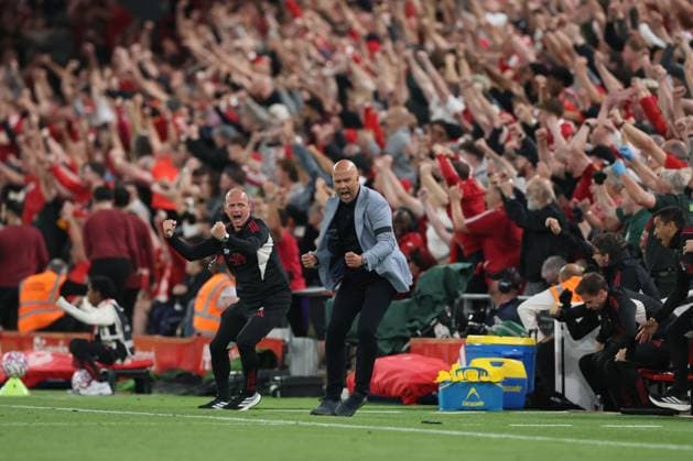 Liverpool manager Arne Slot celebrates the 3rd goal scored by Federico Chiesa Liverpool v AFC Bournemouth, Premier League, Football, Anfield, Liverpool, UK - 15 Aug 2025Liverpool Anfield United Kingdom EDITORIAL USE ONLY No use with unauthorised audio, video, data, fixture lists, club league logos or live services. Online in-match use limited to 120 images, no video emulation. No use in betting, games or single club league player publications. Copyright: xPaulxCurrie Shutterstockx 15438038fs