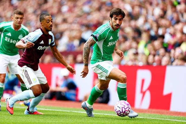 Youri Tielemans of Aston Villa and Sandro Tonali of Newcastle United. Aston Villa v Newcastle United, Premier League, Football, Villa Park, Birmingham, UK - 16 Aug 2025Birmingham Villa Park United Kingdom EDITORIAL USE ONLY No use with unauthorised audio, video, data, fixture lists, club league logos or live services. Online in-match use limited to 120 images, no video emulation. No use in betting, games or single club league player publications. Copyright: xJamesxMarsh Shutterstockx 15439535bv
