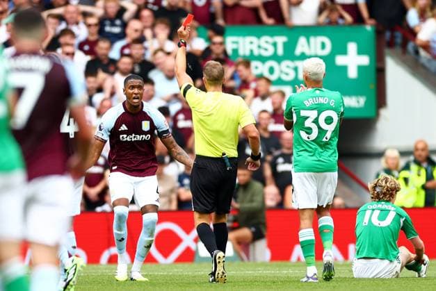 Ezri Konsa of Aston Villa is shown a red card. Aston Villa v Newcastle United, Premier League, Football, Villa Park, Birmingham, UK - 16 Aug 2025Birmingham Villa Park United Kingdom EDITORIAL USE ONLY No use with unauthorised audio, video, data, fixture lists, club league logos or live services. Online in-match use limited to 120 images, no video emulation. No use in betting, games or single club league player publications. Copyright: xJamesxMarsh Shutterstockx 15439535bz