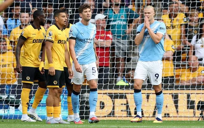 Erling Haaland of Manchester City shows a look of dejection after a missed chance Wolverhampton Wanderers v Manchester City, Premier League, Football, Molineux, Wolverhampton, UK - 16 Aug 2025Wolverhampton Molineux United Kingdom EDITORIAL USE ONLY No use with unauthorised audio, video, data, fixture lists, club league logos or live services. Online in-match use limited to 120 images, no video emulation. No use in betting, games or single club league player publications. Copyright: xKieranxMcManus Shutterstockx 15444080w