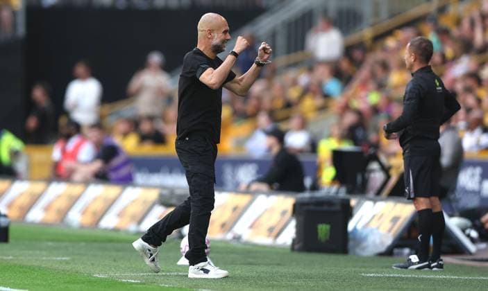 Manchester City manager Pep Guardiola celebrates his sides second goal Wolverhampton Wanderers v Manchester City, Premier League, Football, Molineux, Wolverhampton, UK - 16 Aug 2025Wolverhampton Molineux United Kingdom EDITORIAL USE ONLY No use with unauthorised audio, video, data, fixture lists, club league logos or live services. Online in-match use limited to 120 images, no video emulation. No use in betting, games or single club league player publications. Copyright: xKieranxMcManus Shutterstockx 15444080x