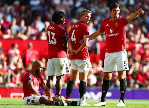 Bryan Mbeumo, Patrick Dorgu, Matthijs de Ligt and Harry Maguire of Manchester United, ManU Manchester United v Arsenal, Premier League, Football, Old Trafford, Manchester, UK - 17 Aug 2025Manchester Old Trafford United Kingdom EDITORIAL USE ONLY No use with unauthorised audio, video, data, fixture lists, club league logos or live services. Online in-match use limited to 120 images, no video emulation. No use in betting, games or single club league player publications. Copyright: xMattxWest Shutterstockx 15439710da