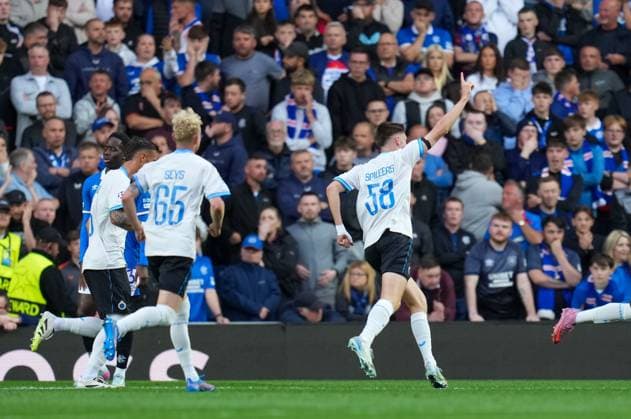 Jorne Spileers of Club Brugge celebrates scoring to give Brugge a 0-2 lead. Rangers v Club Brugge, UEFA Champions League, Play-Off Round, First Leg, Football, Ibrox Stadium, Glasgow, Scotland, UK - 19 Aug 2025Glasgow Ibrox Stadium Scotland United Kingdom EDITORIAL USE ONLY No use with unauthorised audio, video, data, fixture lists, club league logos or live services. Online in-match use limited to 120 images, no video emulation. No use in betting, games or single club league player publications. Copyright: xStuartxWallace Shutterstockx 15446679n