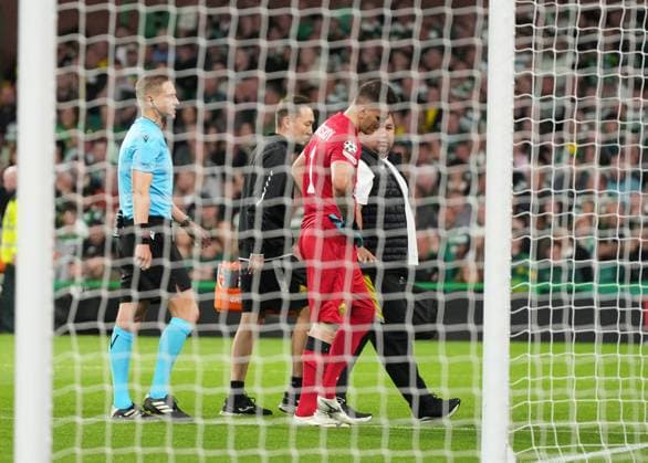 Injured Kairat Almaty goalkeeper Alexandr Zarutskiy limps off the pitch after rejecting a stretcher. Celtic v Kairat Almaty, UEFA Champions League, Play-Off Round, First Leg, Football, Celtic Park, Glasgow, Scotland, UK - 20 Aug 2025Glasgow Celtic Park Scotland United Kingdom EDITORIAL USE ONLY No use with unauthorised audio, video, data, fixture lists, club league logos or live services. Online in-match use limited to 120 images, no video emulation. No use in betting, games or single club league player publications. Copyright: xStuartxWallace Shutterstockx 15446684ax