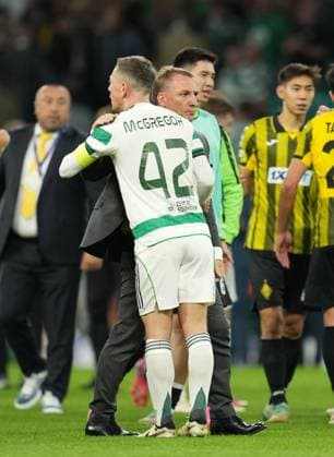 Celtic Manager Brendan Rodgers with Celtic captain Callum McGregor on the pitch at full-time. Final score Celtic 0 Kairat Almaty 0. Celtic v Kairat Almaty, UEFA Champions League, Play-Off Round, First Leg, Football, Celtic Park, Glasgow, Scotland, UK - 20 Aug 2025Glasgow Celtic Park Scotland United Kingdom EDITORIAL USE ONLY No use with unauthorised audio, video, data, fixture lists, club league logos or live services. Online in-match use limited to 120 images, no video emulation. No use in betting, games or single club league player publications. Copyright: xStuartxWallace Shutterstockx 15446684cz