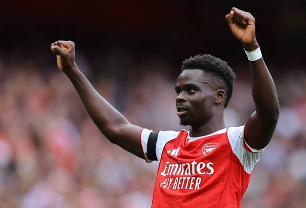 Bukayo Saka of Arsenal celebrates scoring their sides second goal Arsenal v Leeds United, Premier League, Football, Emirates Stadium, London, UK - 23 Aug 2025London Emirates Stadium United Kingdom EDITORIAL USE ONLY No use with unauthorised audio, video, data, fixture lists, club league logos or live services. Online in-match use limited to 120 images, no video emulation. No use in betting, games or single club league player publications. Copyright: xMichaelxZemanek Shutterstockx 15451837u