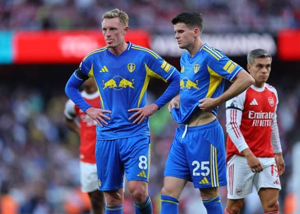 Sean Longstaff of Leeds United and Sam Byram of Leeds United react Arsenal v Leeds United, Premier League, Football, Emirates Stadium, London, UK - 23 Aug 2025London Emirates Stadium United Kingdom EDITORIAL USE ONLY No use with unauthorised audio, video, data, fixture lists, club league logos or live services. Online in-match use limited to 120 images, no video emulation. No use in betting, games or single club league player publications. Copyright: xMichaelxZemanek Shutterstockx 15451837bm