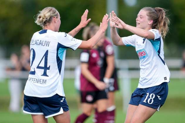 v.li.: Feli Delacauw (TSG, 24), Valesca Ampoorter (TSG, 18), Spielerinnen der TSG 1899 Hoffenheim, jubeln über das Tor zum 2:0, Jubel, Torjubel, Torerfolg, celebrate the goal, goal, celebration, jubelt ueber das Tor, Freuen, Freude, freut sich, optimistisch, positiv, Spielszene, Highlight, Action, Aktion, 24.08.2025, Sankt Leon-Rot (Deutschland), Fussball, Frauen, Testspiel, TSG 1899 Hoffenheim - 1. FC Nürnberg, 24.08.2025, Sankt Leon-Rot (Deutschland), Fussball, Frauen, Testspiel, TSG 1899 Hoffenheim - 1. FC Nürnberg, DFB DFL REGULATIONS PROHIBIT ANY USE OF PHOTOGRAPHS AS IMAGE SEQUENCES AND OR QUASI-VIDEO.