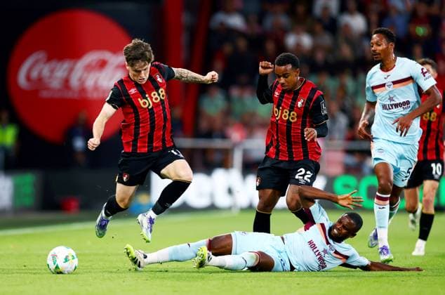 Ben Gannon-Doak of AFC Bournemouth and Frank Onyeka of Brentford. AFC Bournemouth v Brentford, EFL Carabao Cup, Second Round, Football, Vitality Stadium, Bournemouth, UK - 26 Aug 2025Bournemouth Vitality Stadium United Kingdom EDITORIAL USE ONLY No use with unauthorised audio, video, data, fixture lists, club league logos or live services. Online in-match use limited to 120 images, no video emulation. No use in betting, games or single club league player publications. Copyright: xJamesxMarsh Shutterstockx 15455830ai