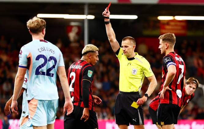 Julian Araujo of AFC Bournemouth is shown a red card. AFC Bournemouth v Brentford, EFL Carabao Cup, Second Round, Football, Vitality Stadium, Bournemouth, UK - 26 Aug 2025Bournemouth Vitality Stadium United Kingdom EDITORIAL USE ONLY No use with unauthorised audio, video, data, fixture lists, club league logos or live services. Online in-match use limited to 120 images, no video emulation. No use in betting, games or single club league player publications. Copyright: xJamesxMarsh Shutterstockx 15455830bv