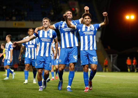 Diego Gomez (right) celebrates scoring the 3rd Brighton and Hove Albion goal with Diego Coppola (42) and Brajan Gruda (8) Oxford United v Brighton and Hove Albion, EFL Carabao Cup, Second Round, Football, Kassam Stadium, Oxford, UK - 27 Aug 2025Oxford Kassam Stadium United Kingdom EDITORIAL USE ONLY No use with unauthorised audio, video, data, fixture lists, club league logos or live services. Online in-match use limited to 120 images, no video emulation. No use in betting, games or single club league player publications. Copyright: xMattxImpey Shutterstockx 15457586bh