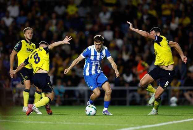 Brajan Gruda of Brighton and Hove Albion gets past of Cameron Brannagan (8) and Elliott Moore (5) of Oxford United Oxford United v Brighton and Hove Albion, EFL Carabao Cup, Second Round, Football, Kassam Stadium, Oxford, UK - 27 Aug 2025Oxford Kassam Stadium United Kingdom EDITORIAL USE ONLY No use with unauthorised audio, video, data, fixture lists, club league logos or live services. Online in-match use limited to 120 images, no video emulation. No use in betting, games or single club league player publications. Copyright: xMattxImpey Shutterstockx 15457586bk