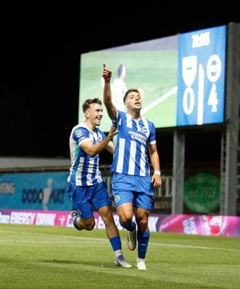 Stefanos Tzimas celebrates scoring the 4th Brighton and Hove Albion goal with Brajan Gruda Oxford United v Brighton and Hove Albion, EFL Carabao Cup, Second Round, Football, Kassam Stadium, Oxford, UK - 27 Aug 2025Oxford Kassam Stadium United Kingdom EDITORIAL USE ONLY No use with unauthorised audio, video, data, fixture lists, club league logos or live services. Online in-match use limited to 120 images, no video emulation. No use in betting, games or single club league player publications. Copyright: xMattxImpey Shutterstockx 15457586bu