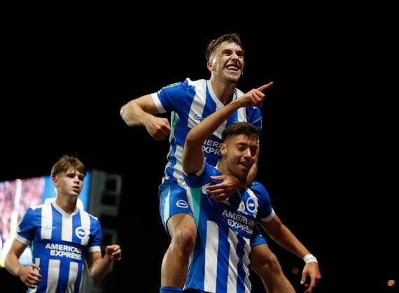 Stefanos Tzimas celebrates scoring the 4th Brighton and Hove Albion goal with Brajan Gruda Oxford United v Brighton and Hove Albion, EFL Carabao Cup, Second Round, Football, Kassam Stadium, Oxford, UK - 27 Aug 2025Oxford Kassam Stadium United Kingdom EDITORIAL USE ONLY No use with unauthorised audio, video, data, fixture lists, club league logos or live services. Online in-match use limited to 120 images, no video emulation. No use in betting, games or single club league player publications. Copyright: xMattxImpey Shutterstockx 15457586bv
