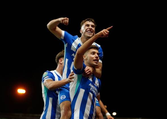 Stefanos Tzimas celebrates scoring the 4th Brighton and Hove Albion goal with Brajan Gruda Oxford United v Brighton and Hove Albion, EFL Carabao Cup, Second Round, Football, Kassam Stadium, Oxford, UK - 27 Aug 2025Oxford Kassam Stadium United Kingdom EDITORIAL USE ONLY No use with unauthorised audio, video, data, fixture lists, club league logos or live services. Online in-match use limited to 120 images, no video emulation. No use in betting, games or single club league player publications. Copyright: xMattxImpey Shutterstockx 15457586bw