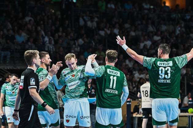 31.08.2025, xlakx, Handball Daikin HBL, Fuechse Berlin - Bergischer HC v.l. Fabian Wiede (Fuechse Berlin), Mathias Gidsel (Fuechse Berlin), Lasse Andersson (Fuechse Berlin), Mijajlo Marsenic (Fuechse Berlin) Jubel, Torjubel, jubelt ueber das Tor, celebrate the goal, celebration Berlin