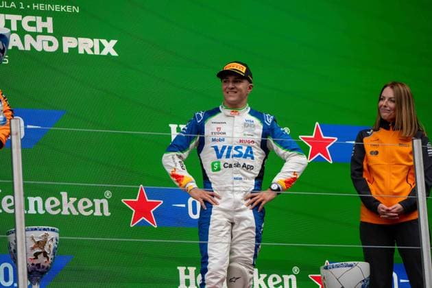 Isack Hadjar, 6, Visa Cash App RB Formula One Team, Laura Bowden, Chief Financial Officer of McLaren Racing, Siegerehrung, Grosser Preis von Netherlands, Motorsport, Herren, Formel 1, 31.08.2025 Zandvoort Niederlande Niederlande
