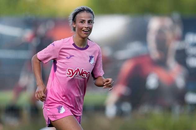Torschützin Christina Alp (TSG II, 18), jubelt über das Tor zum 4:0, Jubel, jubeln, Torjubel, Torerfolg, celebrate the goal, goal, celebration, jubelt ueber das Tor, Freuen, Freude, freut sich, optimistisch, positiv, Spielszene, Highlight, Einzelbild, Einzelfoto, Aktion, Action, 31.08.2025, St. Leon-Rot (Deutschland), Fussball, Frauen, Regionalliga Süd, TSG 1899 Hoffenheim U20 - SpVgg Greuther Fürth, 31.08.2025, St. Leon-Rot (Deutschland), Fussball, Frauen, Regionalliga Süd, TSG 1899 Hoffenheim U20 - SpVgg Greuther Fürth, DFB DFL REGULATIONS PROHIBIT ANY USE OF PHOTOGRAPHS AS IMAGE SEQUENCES AND OR QUASI-VIDEO.