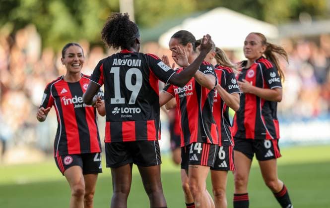 DEU, Frankfurt, Eintracht Frankfurt vs SGS Essen, Google Pixel Frauen Bundesliga DFB, Saison 2526, Stadion am Bretanobad, 1. Spieltag, im Bild: Nicole Anyomi (Eintracht Frankfurt 19) erzielt das Tor zum 1:0, Jubel DFB DFL REGULATIONS PROHIBIT ANY USE OF PHOTOGRAPHS AS IMAGE SEQUENCES AND OR QUASI-VIDEO, 05.09.2025, Copyright: HMBxMedia HendrikxHamelau
