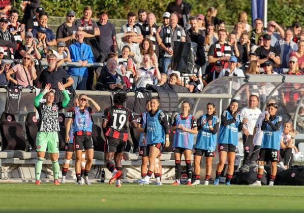 DEU, Frankfurt, Eintracht Frankfurt vs SGS Essen, Google Pixel Frauen Bundesliga DFB, Saison 2526, Stadion am Bretanobad, 1. Spieltag, im Bild: Nicole Anyomi (Eintracht Frankfurt 19) erzielt das Tor zum 1:0, Jubel DFB DFL REGULATIONS PROHIBIT ANY USE OF PHOTOGRAPHS AS IMAGE SEQUENCES AND OR QUASI-VIDEO, 05.09.2025, Copyright: HMBxMedia HendrikxHamelau