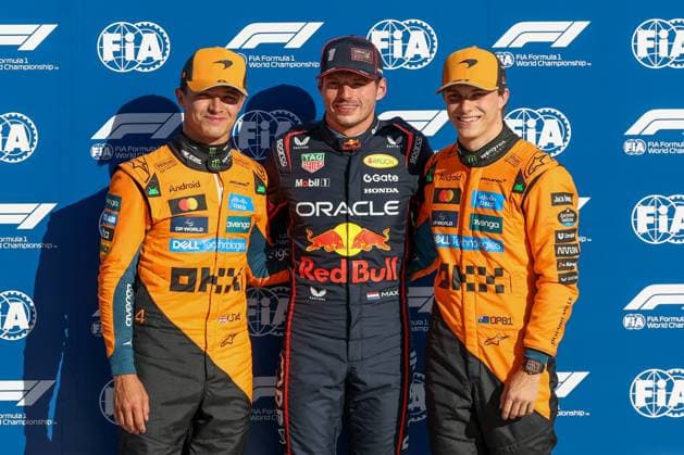 l-r: zweiter Startplatz beim Rennen, Lando Norris (McLaren Formula 1 Team 4), Poleposition beim Rennen, Max Verstappen (Oracle Red Bull Racing 1), dritter Startplatz beim Rennen, Oscar Piastri (McLaren Formula 1 Team 81), Qualifying, Grosser Preis von Italien, Motorsport, Herren, Formel 1, 06.09.2025 Monza Lombardei Italien