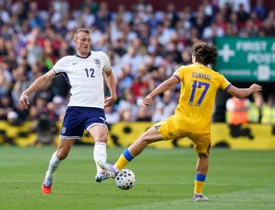 Birmingham, England, 6th September 2025. Dan Burn of England (l) tackled by Joan Cervos of Andorra (r) during the England vs Andorra FIFA World Cup, WM, Weltmeisterschaft, Fussball Qualifier match at Villa Park, Birmingham. Picture credit should read: Andrew Yates Sportimage EDITORIAL USE ONLY. No use with unauthorised audio, video, data, fixture lists, club league logos or live services. Online in-match use limited to 120 images, no video emulation. No use in betting, games or single club league player publications. SPI_021_AY_ENG_AND SPI-4113-0022