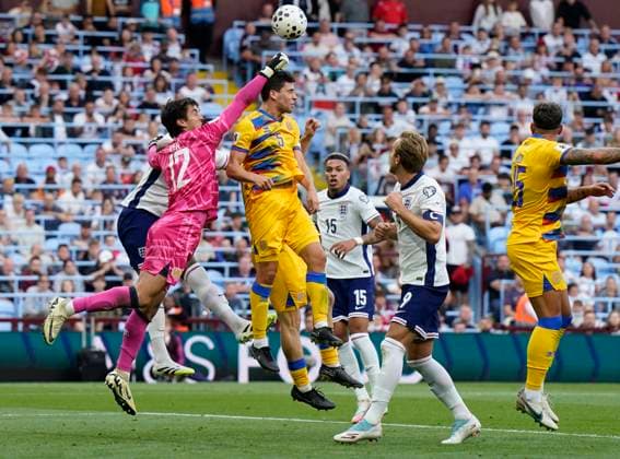 Birmingham, England, 6th September 2025. Iker Alvarez of Andorra punches clear during the England vs Andorra FIFA World Cup, WM, Weltmeisterschaft, Fussball Qualifier match at Villa Park, Birmingham. Picture credit should read: Andrew Yates Sportimage EDITORIAL USE ONLY. No use with unauthorised audio, video, data, fixture lists, club league logos or live services. Online in-match use limited to 120 images, no video emulation. No use in betting, games or single club league player publications. SPI_105_AY_ENG_AND SPI-4113-0100