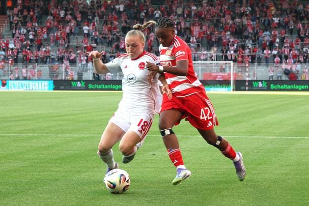 DEU, 2.BL, Frauen, 1.FC Union vs. 1.FC Nuernberg, 07.09.2025, Stadion Alte Foersterei, Berlin, DEU, 2.BL, Frauen, 1.FC Union vs. 1.FC Nuernberg, im Bild: Naika Reissner (1.FC Union Berlin 42), Mai, Franziska (1.FC Nuernberg 18) DFL - regulations prohibit any use of Photographs as image sequences and or quasi-video
