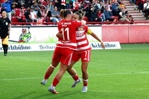 DEU, 2.BL, Frauen, 1.FC Union vs. 1.FC Nuernberg, 07.09.2025, Stadion Alte Foersterei, Berlin, DEU, 2.BL, Frauen, 1.FC Union vs. 1.FC Nuernberg, im Bild: 1:0 durch Elfmeter von Lisa Heiseler (1.FC Union Berlin 7), Dina Orschmann (1.FC Union Berlin 11) DFL - regulations prohibit any use of Photographs as image sequences and or quasi-video
