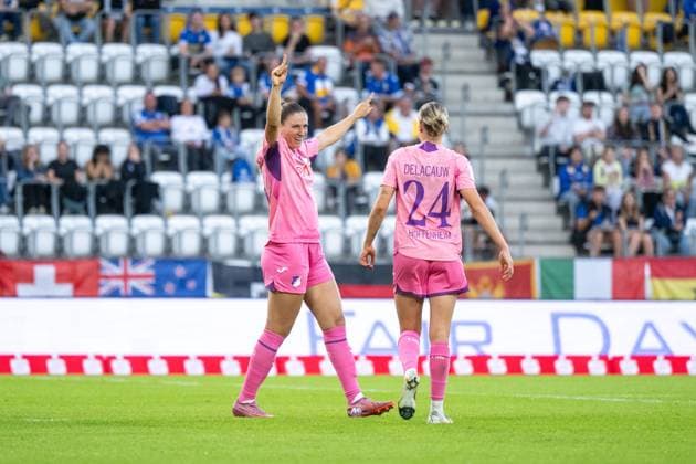Melissa Koessler (TSG Hoffenheim, 25), Feli Delacauw (TSG Hoffenheim, 24) jubeln ueber das Tor zum 1:3, GER, TSG 1899 Hoffenheim vs FC Carl Zeiss Jena, Fussball Google Pixel Frauen Bundesliga, 1. Spieltag, Saison 2025 2026, 08.09.2025 DFB regulations prohibit any use of photographs as image sequences and or quasi-video GER, TSG 1899 Hoffenheim vs FC Carl Zeiss Jena, Fussball Google Pixel Frauen Bundesliga, 1. Spieltag, Saison 2025 2026, 08.09.2025 Jena Copyright: xEibner-Pressefoto Memmlerx EP_MMR
