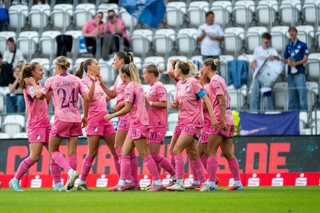 Jamilla Rankin (TSG Hoffenheim, 05), Feli Delacauw (TSG Hoffenheim, 24), Lisann Kaut (TSG Hoffenheim, 04), Melissa Koessler (TSG Hoffenheim, 25), Jill Janssens (TSG Hoffenheim, 09), Laura Gloning (TSG Hoffenheim, 20), Vanessa Diehm (TSG Hoffenheim, 06), Selina Cerci (TSG Hoffenheim, 29) jubeln ueber das Tor zum 0:1, GER, TSG 1899 Hoffenheim vs FC Carl Zeiss Jena, Fussball Google Pixel Frauen Bundesliga, 1. Spieltag, Saison 2025 2026, 08.09.2025 DFB regulations prohibit any use of photographs as image sequences and or quasi-video GER, TSG 1899 Hoffenheim vs FC Carl Zeiss Jena, Fussball Google Pixel Frauen Bundesliga, 1. Spieltag, Saison 2025 2026, 08.09.2025 Jena Copyright: xEibner-Pressefoto Memmlerx EP_MMR